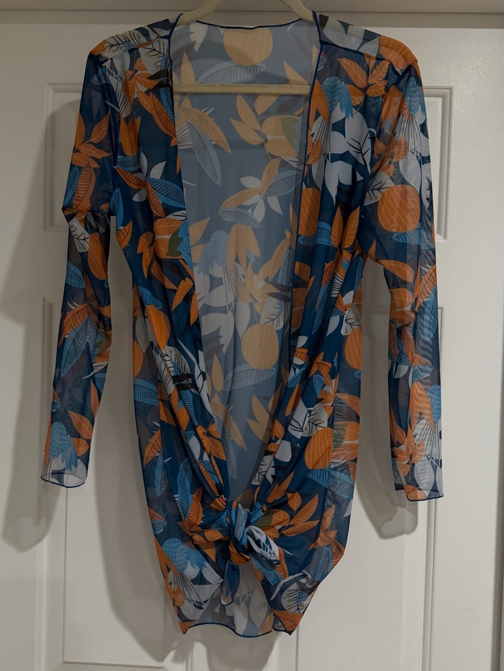 Sheer Blue and Orange Leaf-Print Swim Coverup with Front Tie